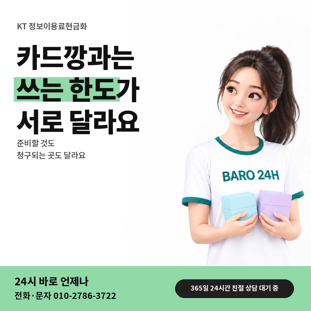 BARO 24H 티셔츠를 입은 3D 인물 옆에 「KT 카드깡과 다른 점」 제목을 얹은 안내 카드