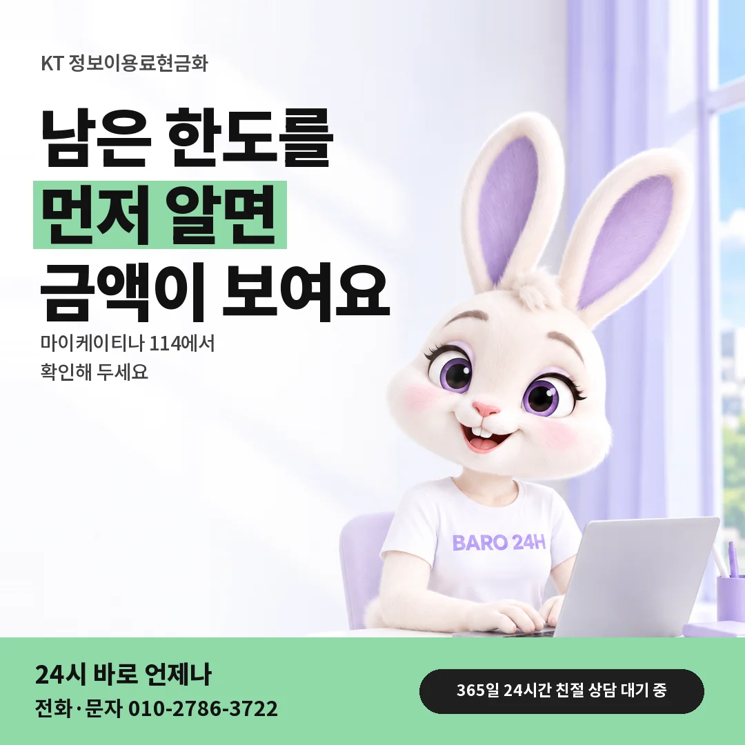 BARO 24H 티셔츠를 입은 3D 토끼 캐릭터 옆에 「KT 남은 한도 알아 두기」 제목을 얹은 안내 카드