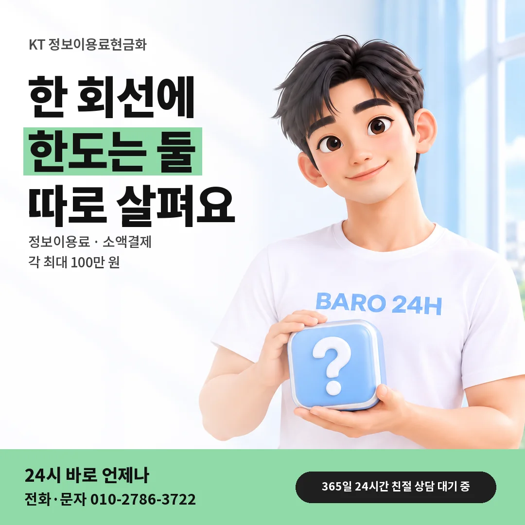 물음표 상자를 든 BARO 24H 티셔츠를 입은 3D 인물 옆에 「KT 정보이용료 한도 따로 보기」 제목을 얹은 안내 카드